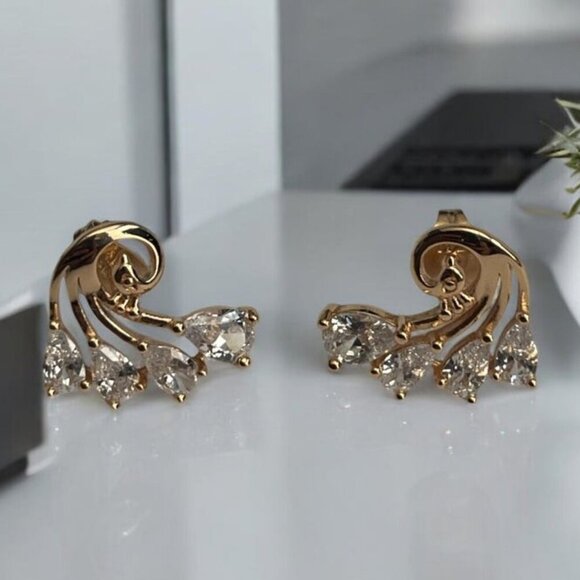 18K Gold CZ Cluster Stud Earrings | Peacock-Inspired Elegant Hypoallergenic NWT - Picture 8 of 16